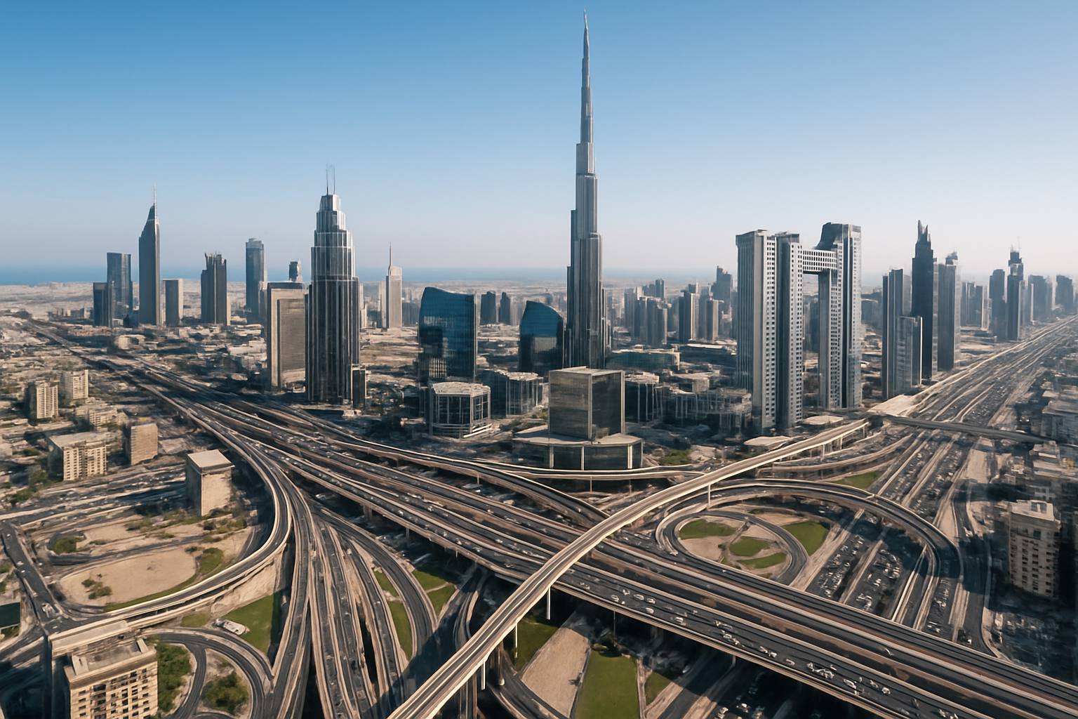 Aerial view of Dubai's paid road network and cityscape
