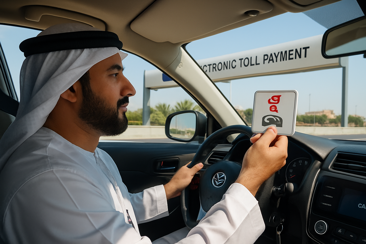 Customer using electronic toll payment service in the UAE