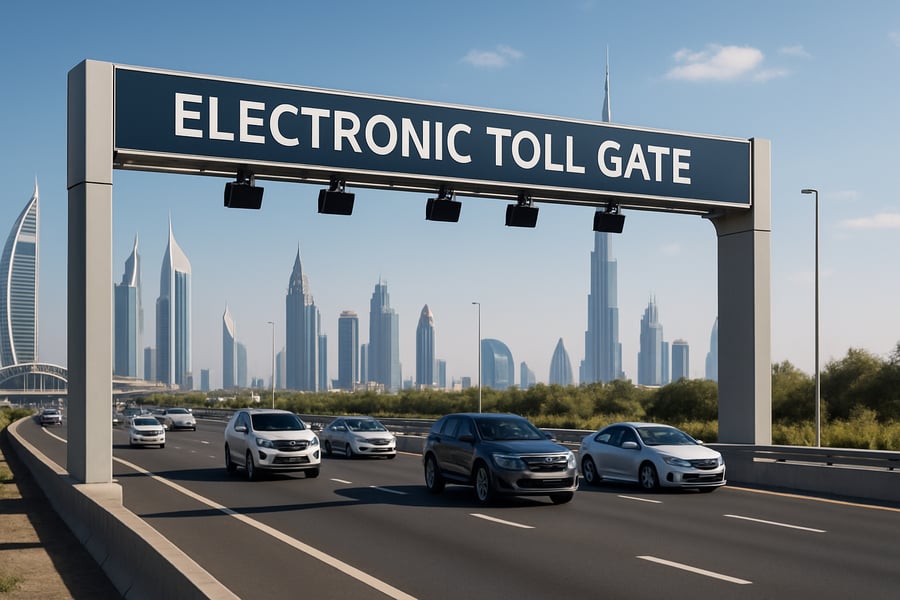 Dubai highway with electronic toll gate Dubai highway with electronic toll gate