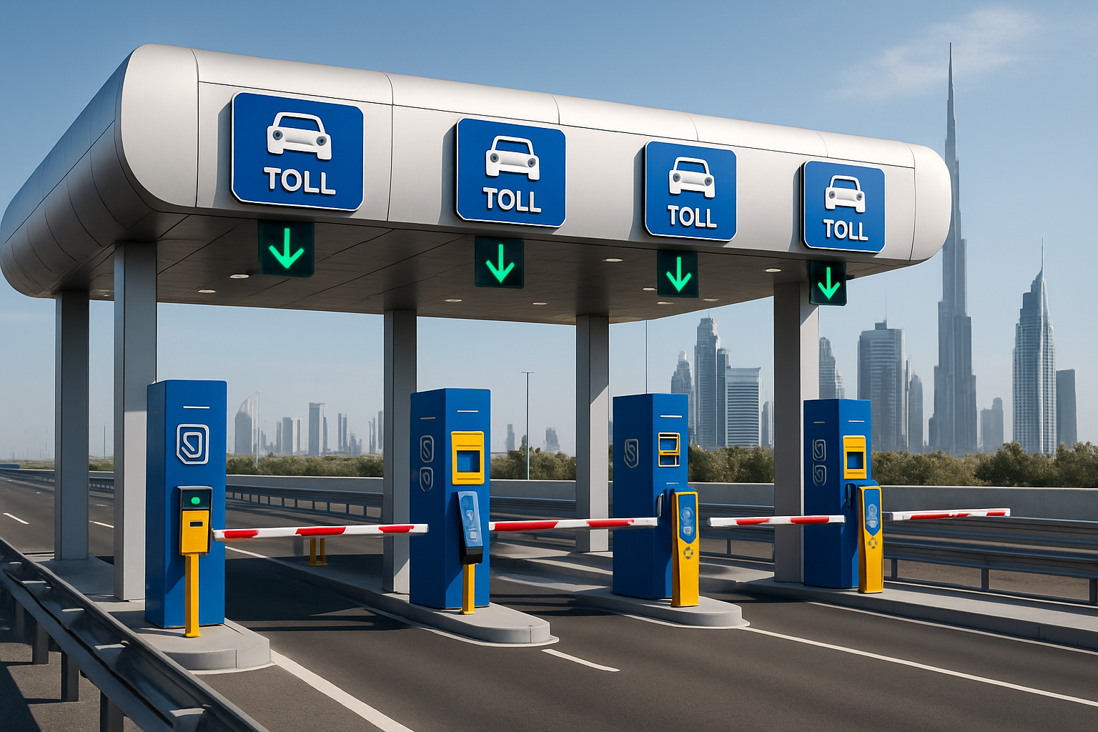 Modern toll gate on a Dubai highway with smart payment systems